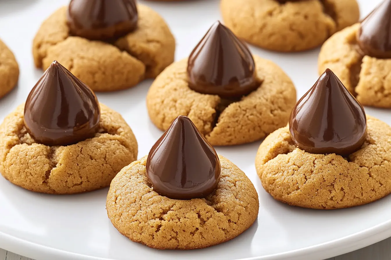 A batch of freshly baked Peanut Butter Kiss Cookies with a Hershey's chocolate kiss on top, arranged on a cooling rack.