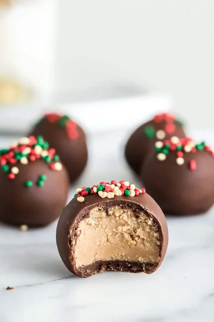 No Bake Peanut Butter Balls coated in chocolate