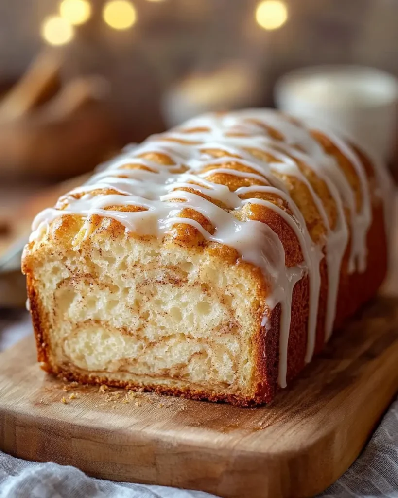 Freshly baked bread drizzled with icing, sitting on a wooden board, ready to be enjoyed.