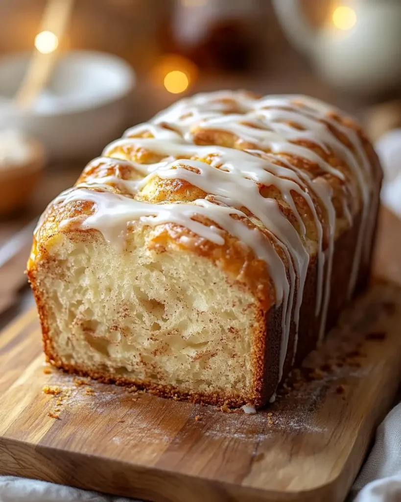 A warm, golden loaf being pulled apart to reveal its soft, cinnamon-swirled center.