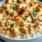 A plate of creamy smothered chicken served over fluffy rice, topped with a rich, cheesy sauce and garnished with fresh parsley. Perfect for a comforting and easy dinner that’s both flavorful and satisfying.