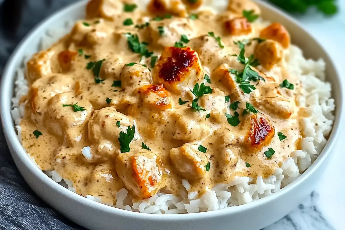 A plate of creamy smothered chicken served over fluffy rice, topped with a rich, cheesy sauce and garnished with fresh parsley. Perfect for a comforting and easy dinner that’s both flavorful and satisfying.