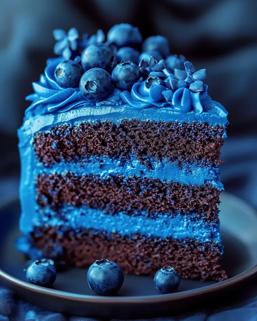 Moist blue velvet cake layered with cream cheese frosting and topped with blue cake crumbs on a white cake stand