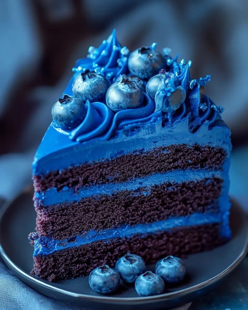 Slice of vibrant blue velvet cake with rich frosting and decorative swirls on a dessert plate