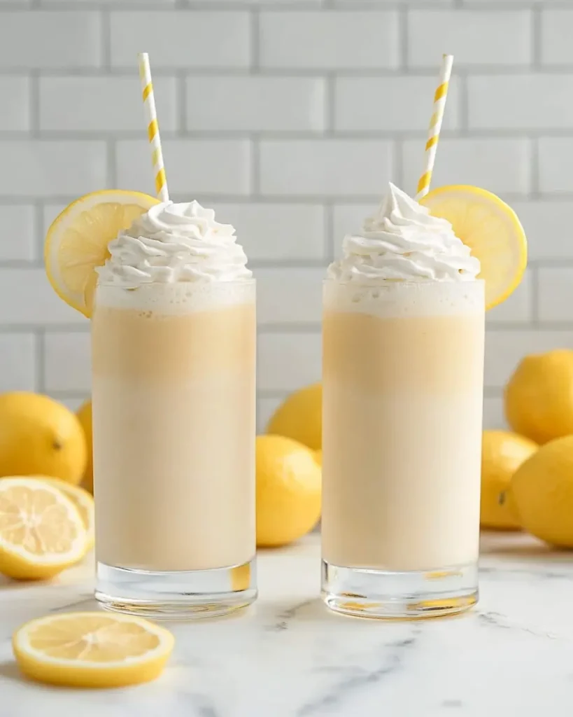 Homemade frosted lemonade with vanilla ice cream and fresh lemon wedges.