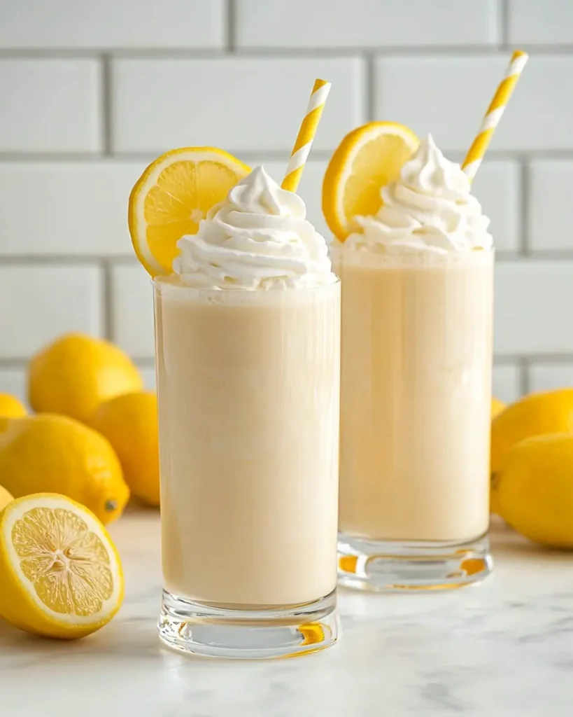 Copycat Chick-fil-A frosted lemonade in a mason jar with a straw and lemon garnish.