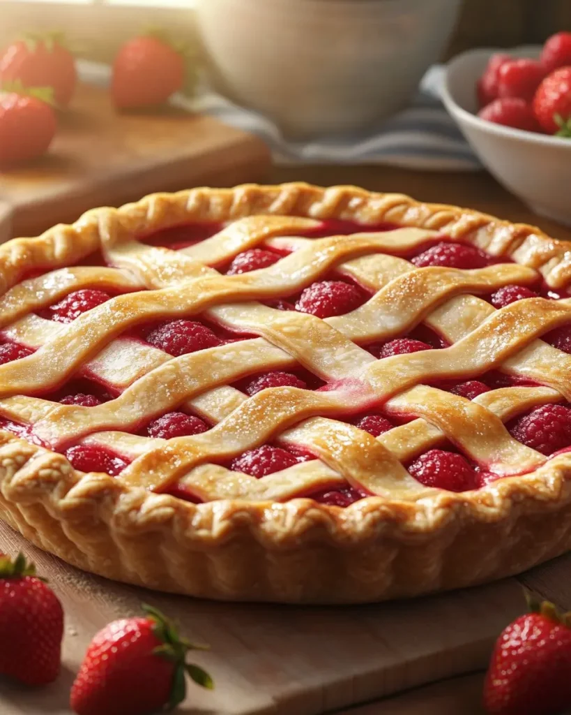 Freshly baked strawberry rhubarb pie with lattice crust on cooling rack