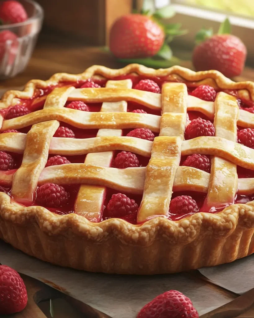 Slice of Pioneer Woman strawberry rhubarb pie on white plate with vanilla ice cream
