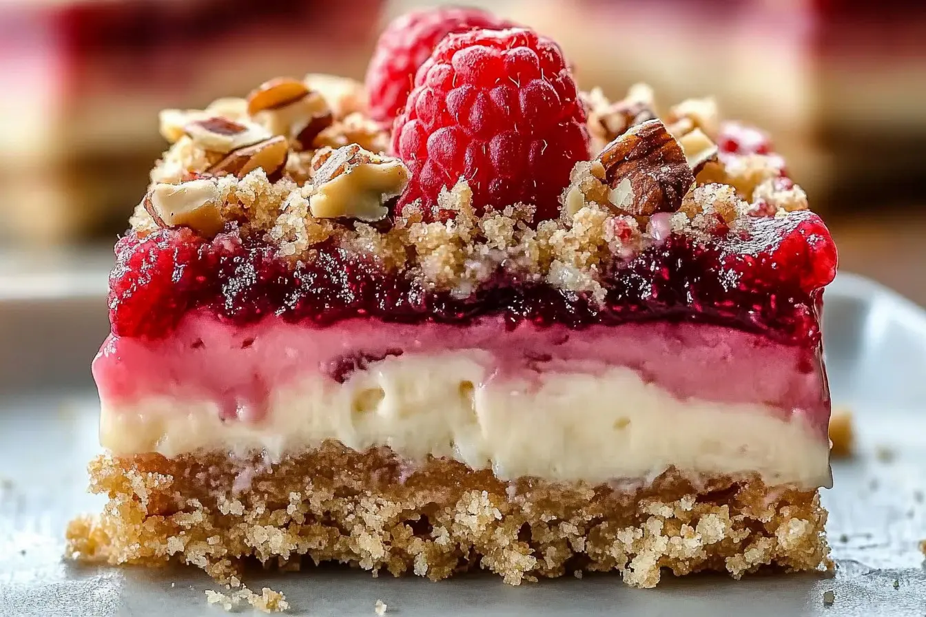 Homemade rhubarb cream cheese bars with a buttery crust and pink rhubarb swirl