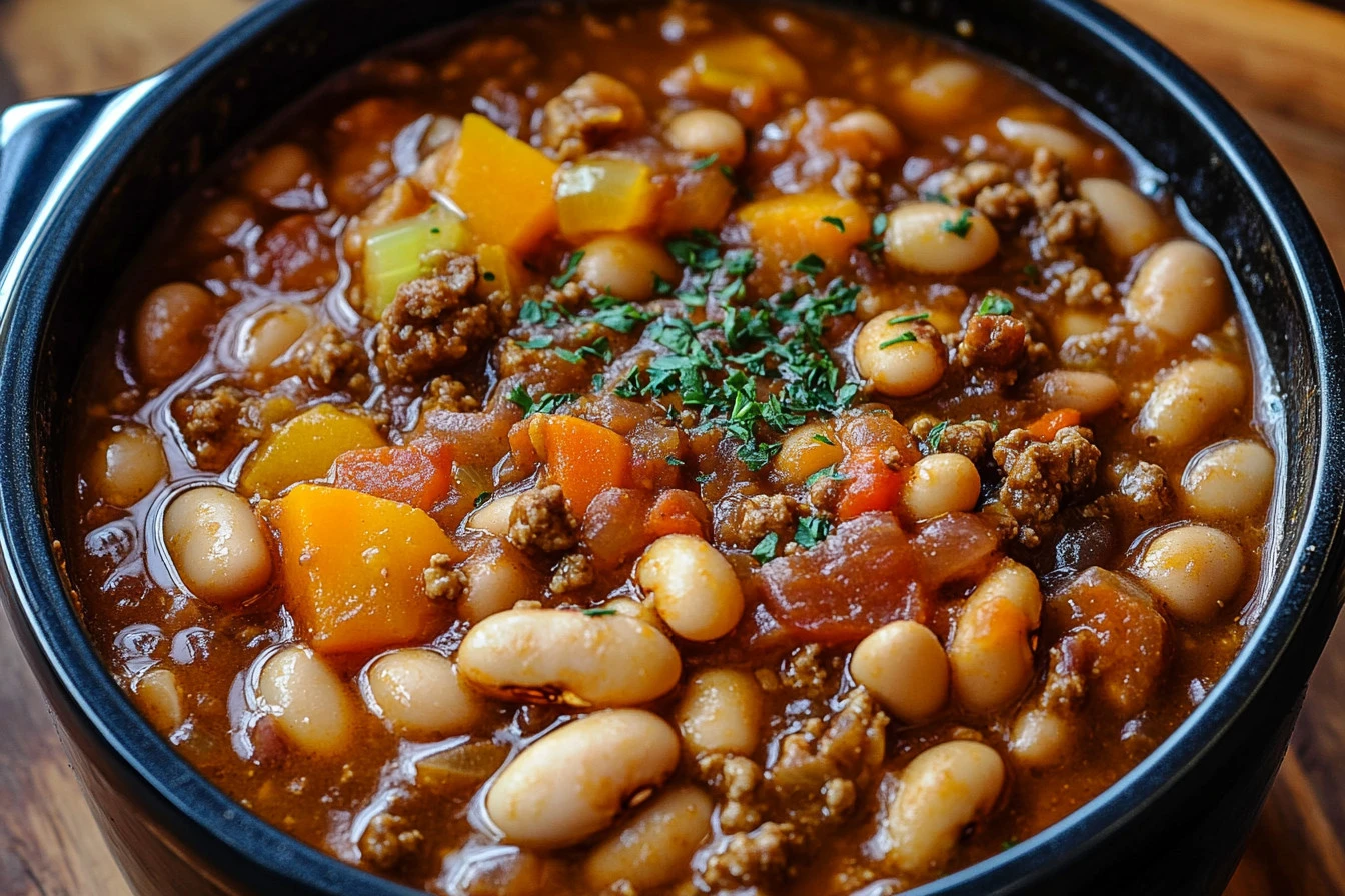 Delicious bowl of amazing cowboy beans topped with fresh herbs