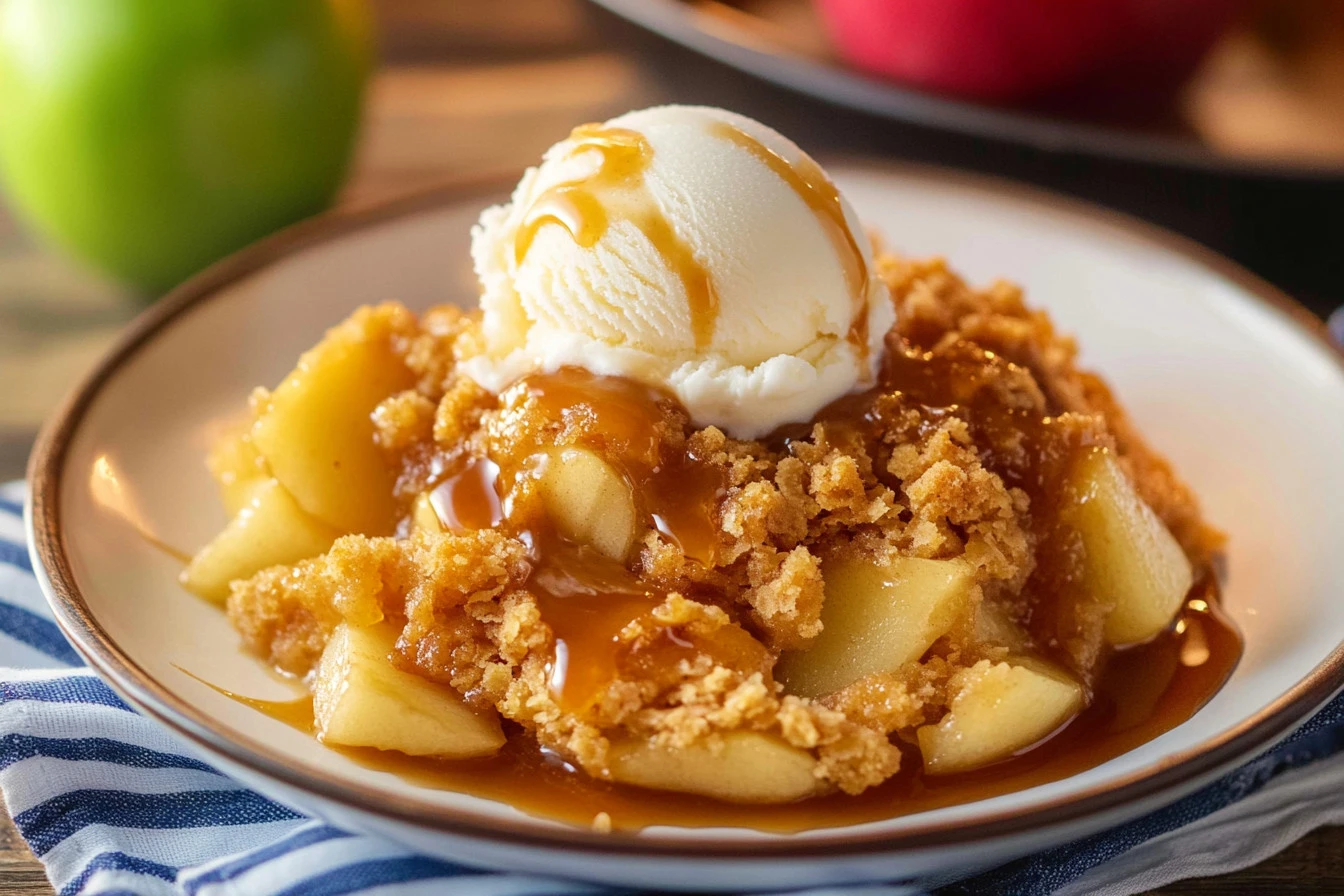 Delicious Apple Dump Cake served hot with vanilla ice cream