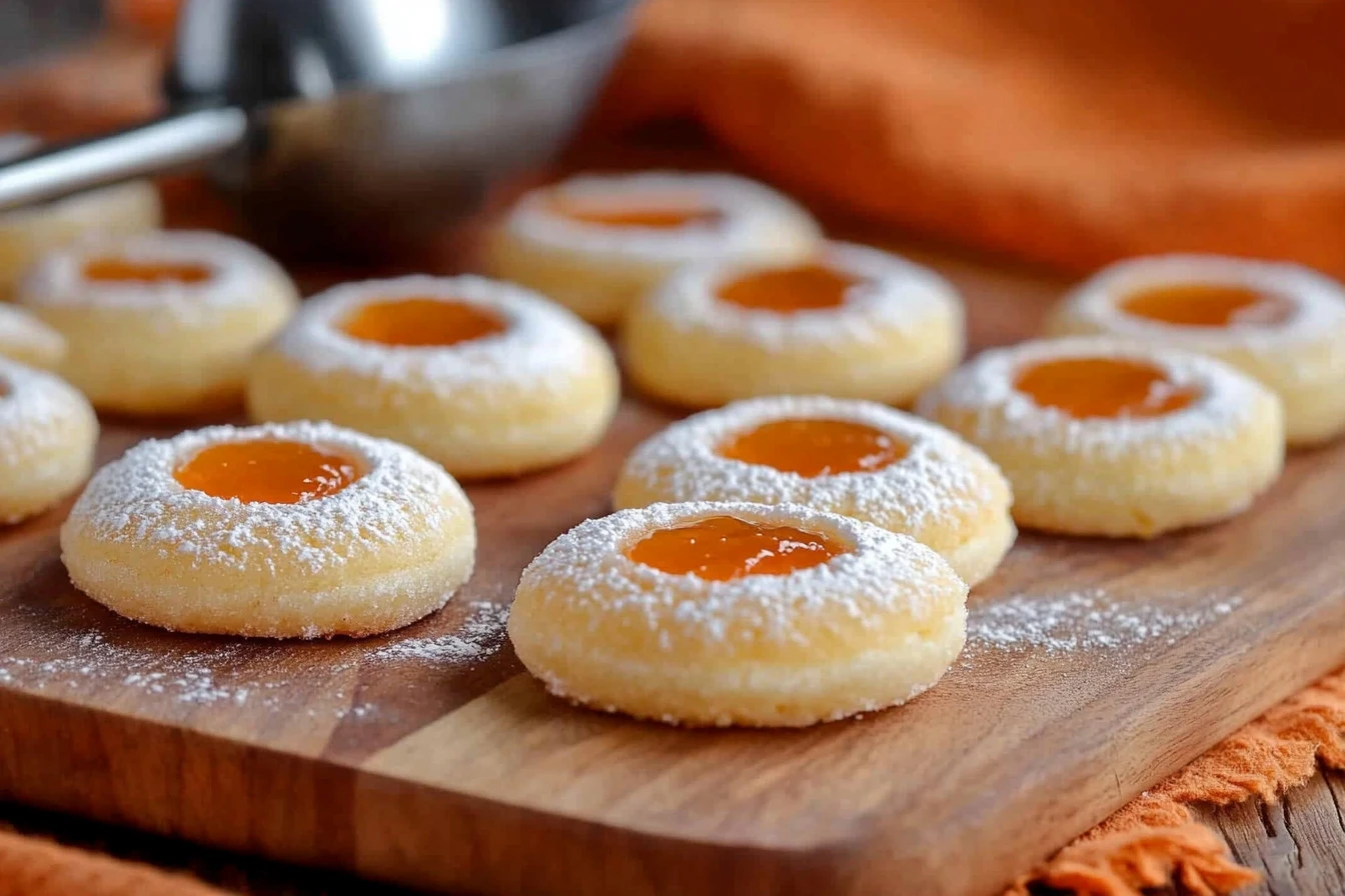 Plate of homemade Apricot Almond Thumbprint Cookies with apricot jam