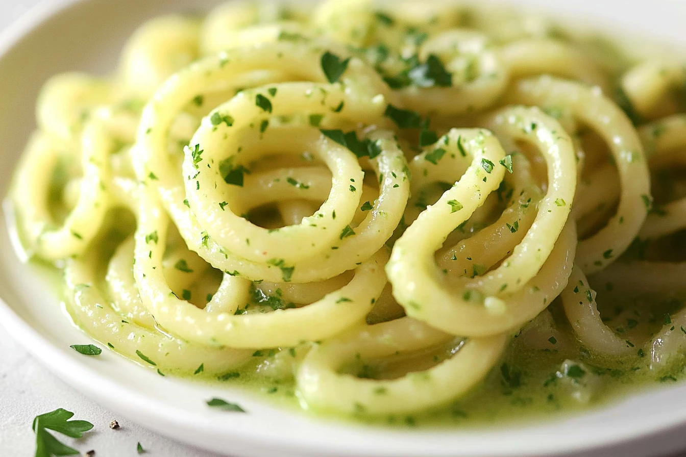 Creamy avocado pasta with herbs and cherry tomatoes on a plate