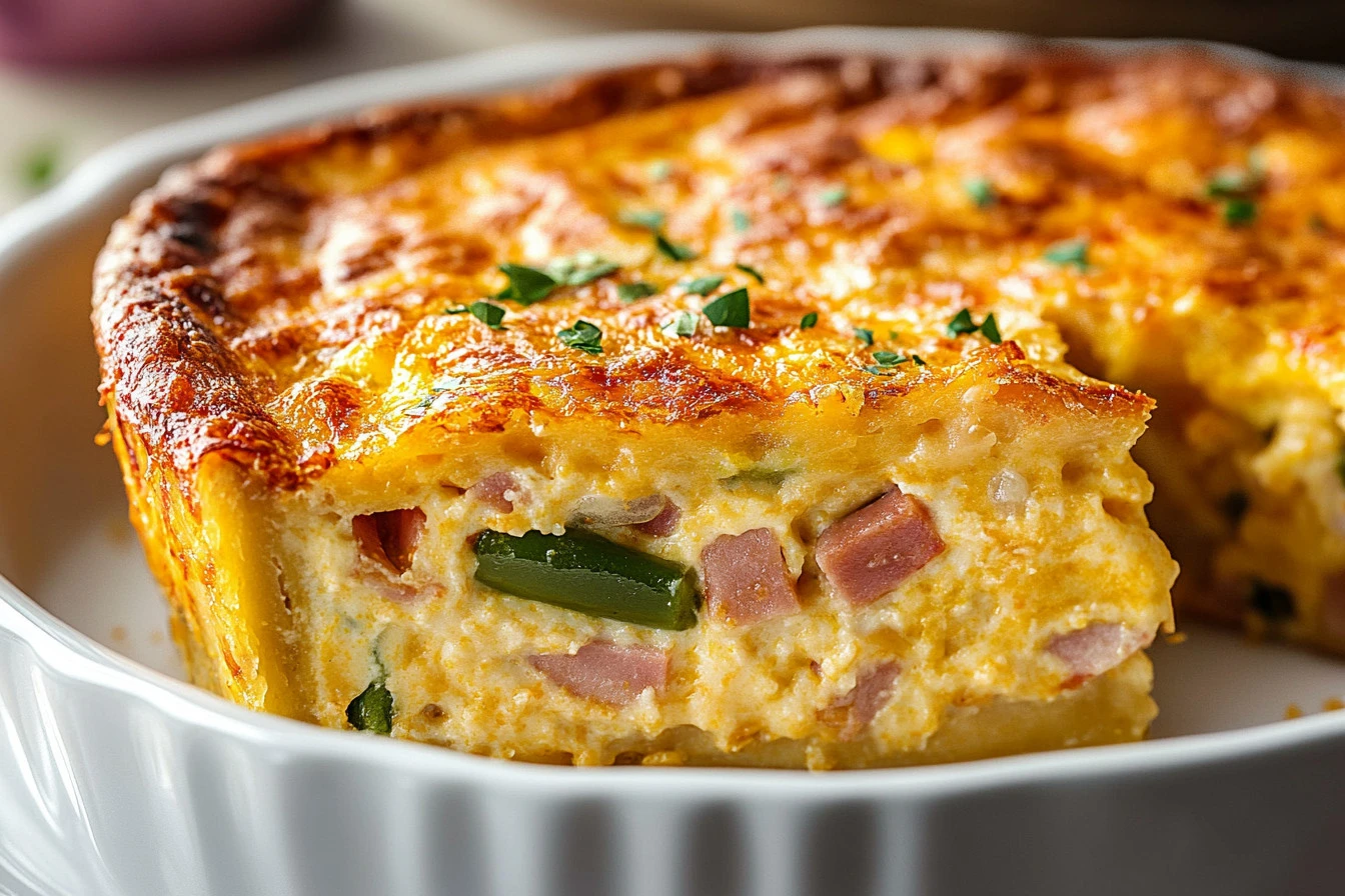 Recipe for a baked Denver omelet with eggs, peppers, and cheese