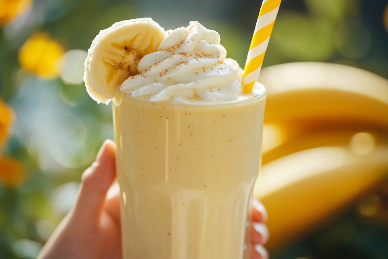 Delicious banana milkshake in a glass with a banana garnish
