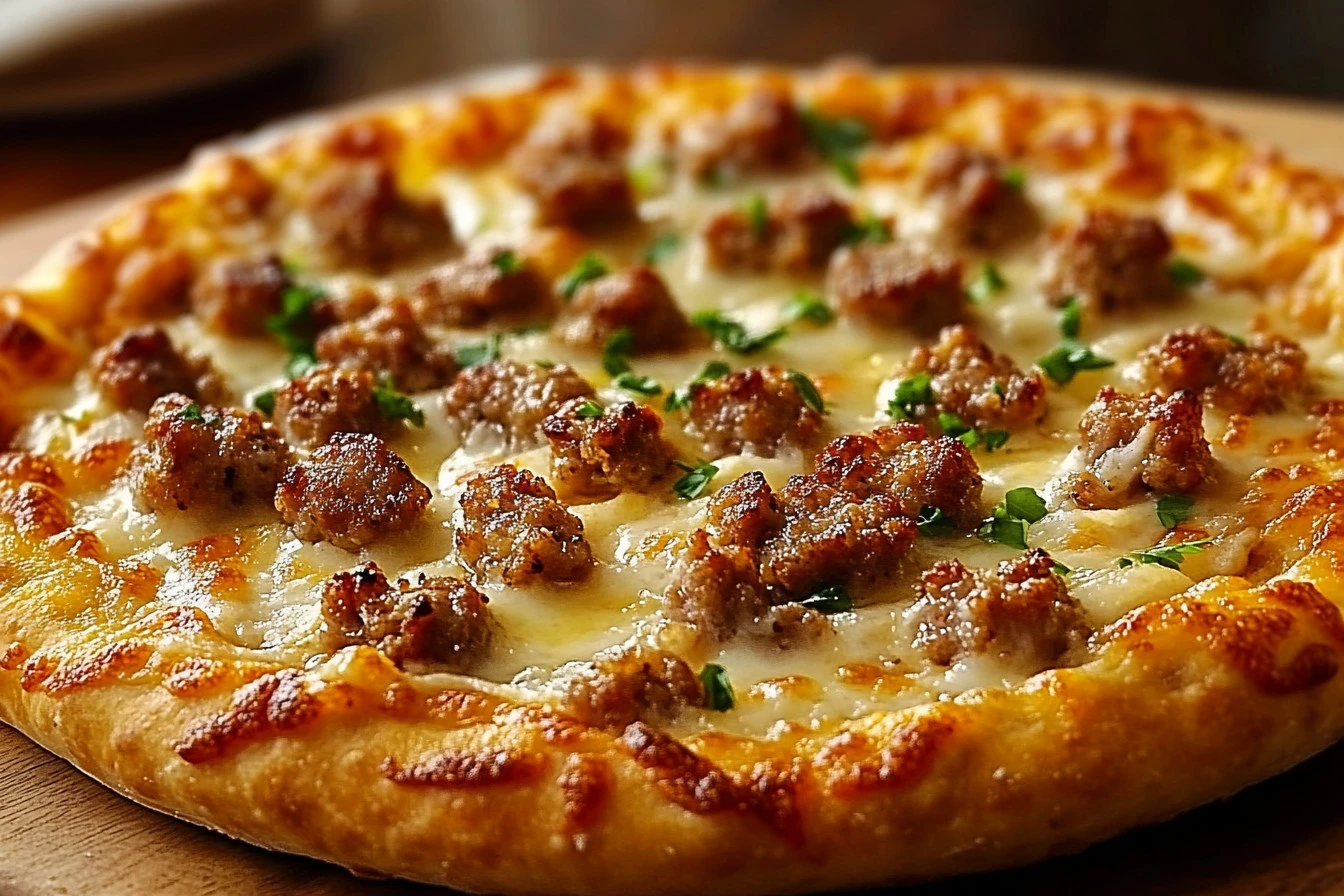 Biscuits and sausage gravy breakfast pizza topped with cheese and herbs.