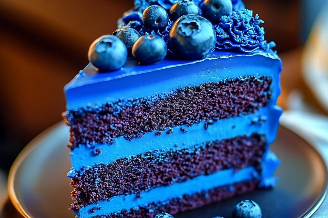 Delicious blue velvet cake with cream cheese frosting on a white plate.