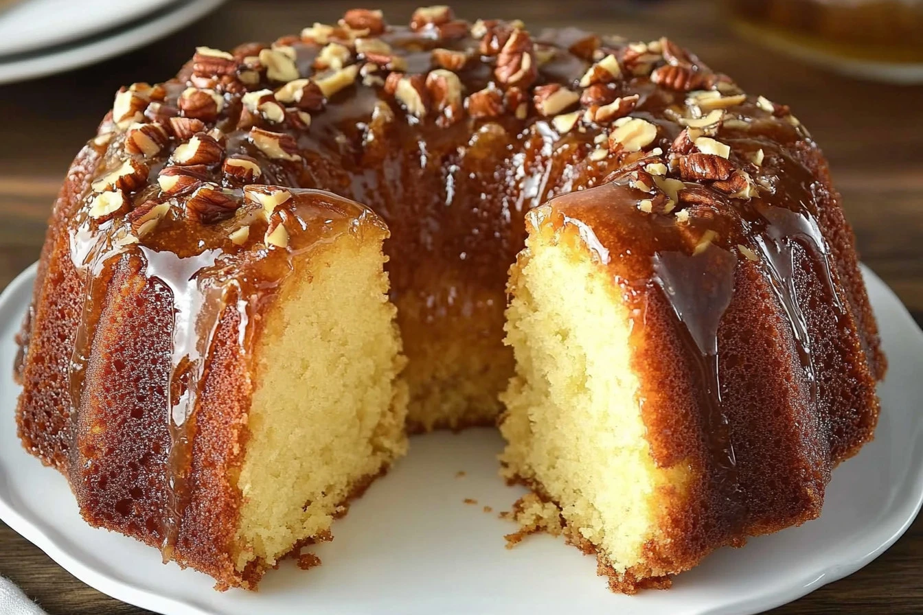 Decadent Buttered Rum Cake with a drizzle of rum glaze and festive decorations