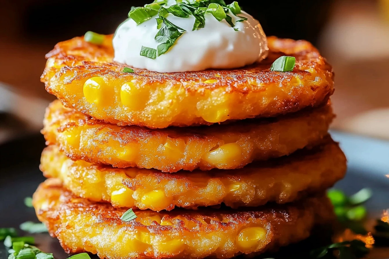 Plate of cheesy corn fritters garnished with herbs