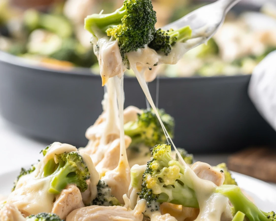 Cheesy keto chicken broccoli casserole with tender chicken and fresh broccoli