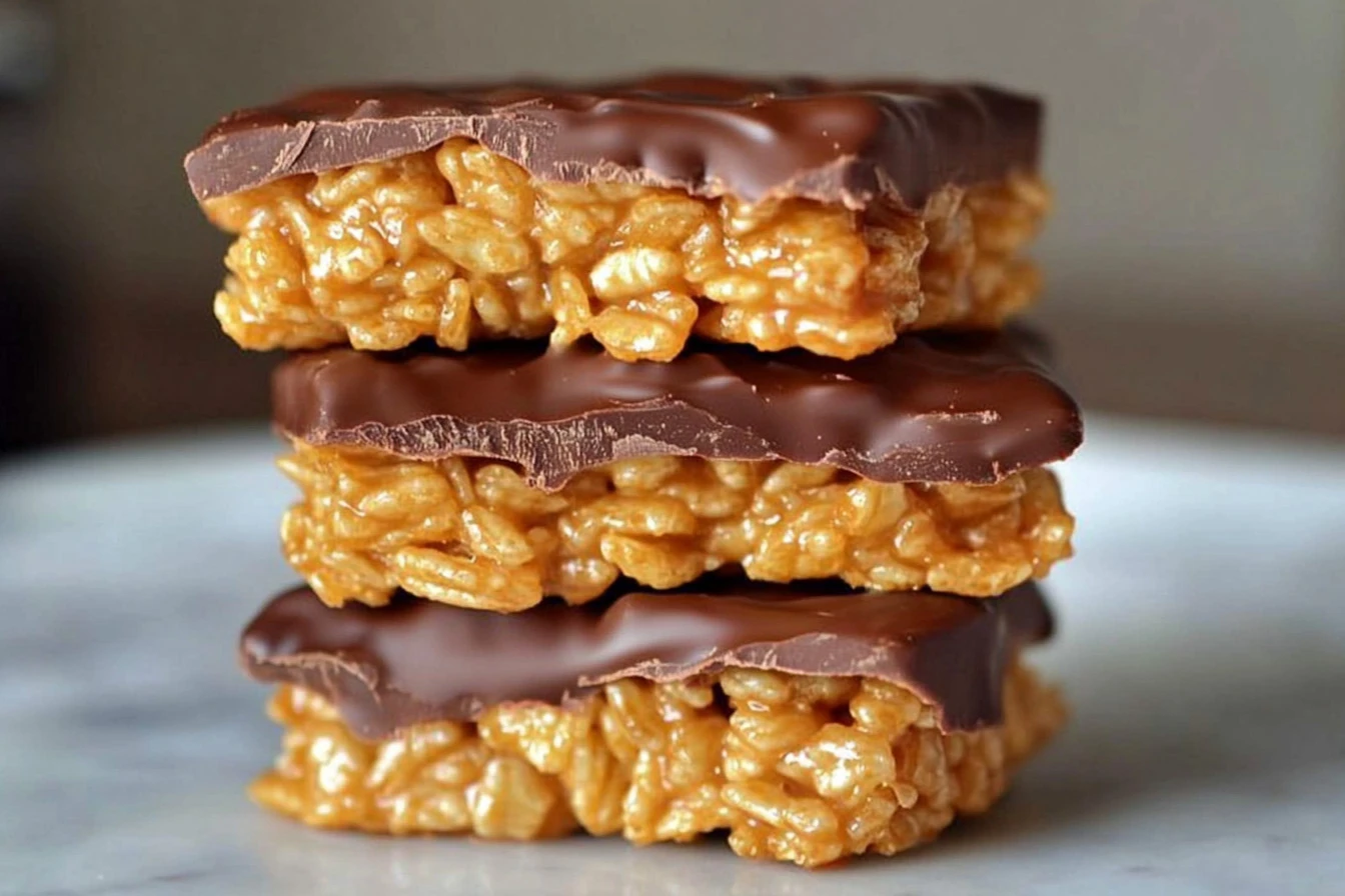 A plate of Chex Scotcheroos made with chocolate and peanut butter.