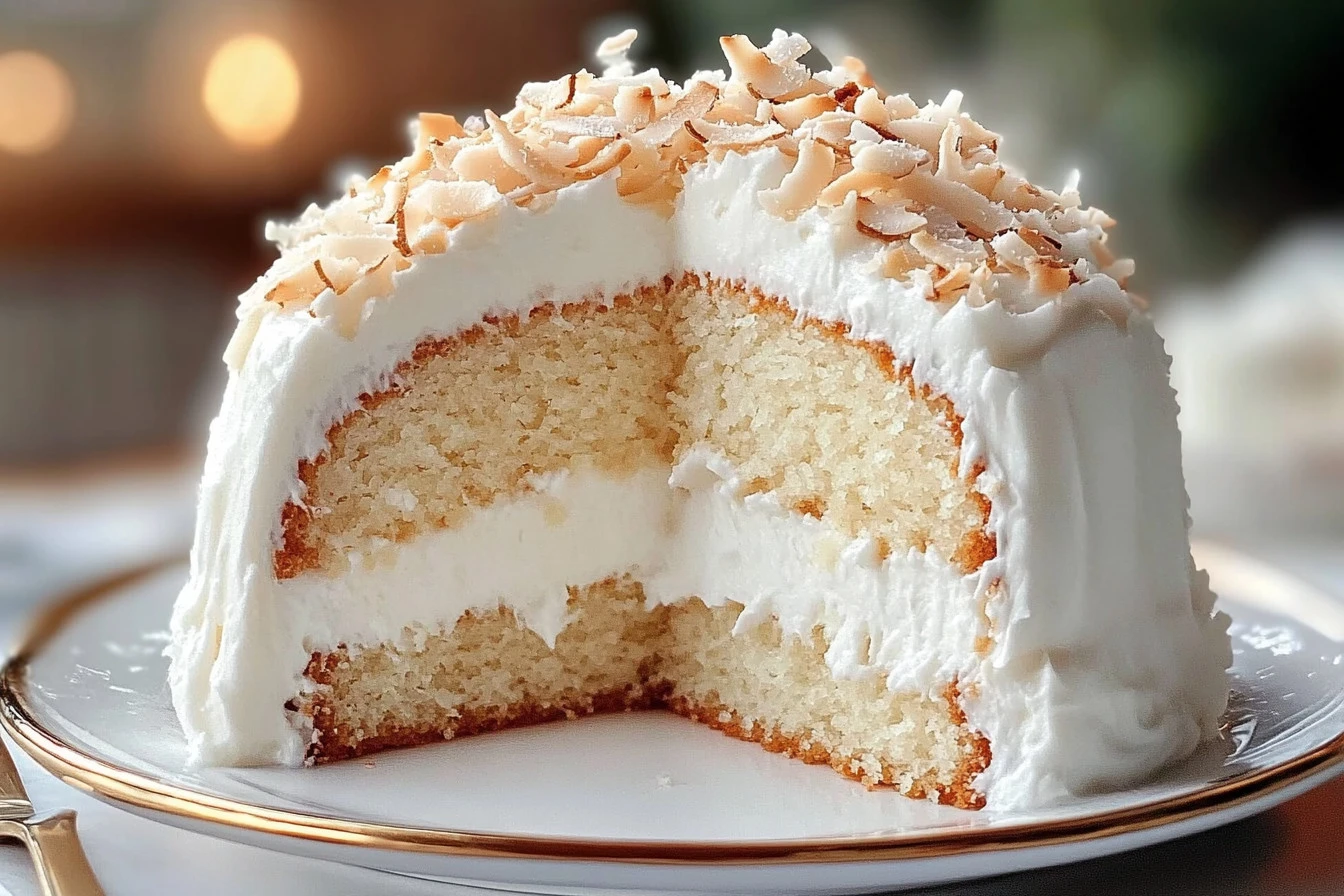 Delicious Coconut Cloud Cake topped with coconut flakes and creamy frosting.
