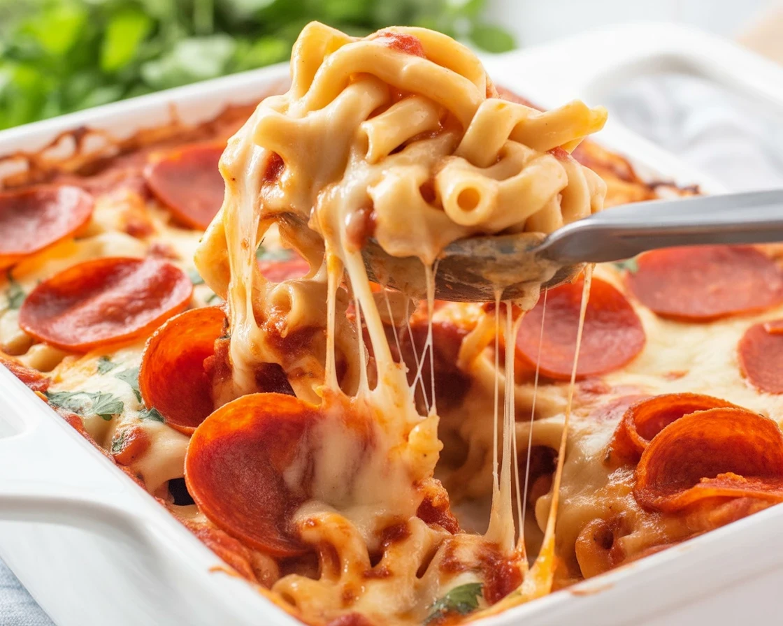Delicious pizza casserole with pasta topped with cheese and pepperoni