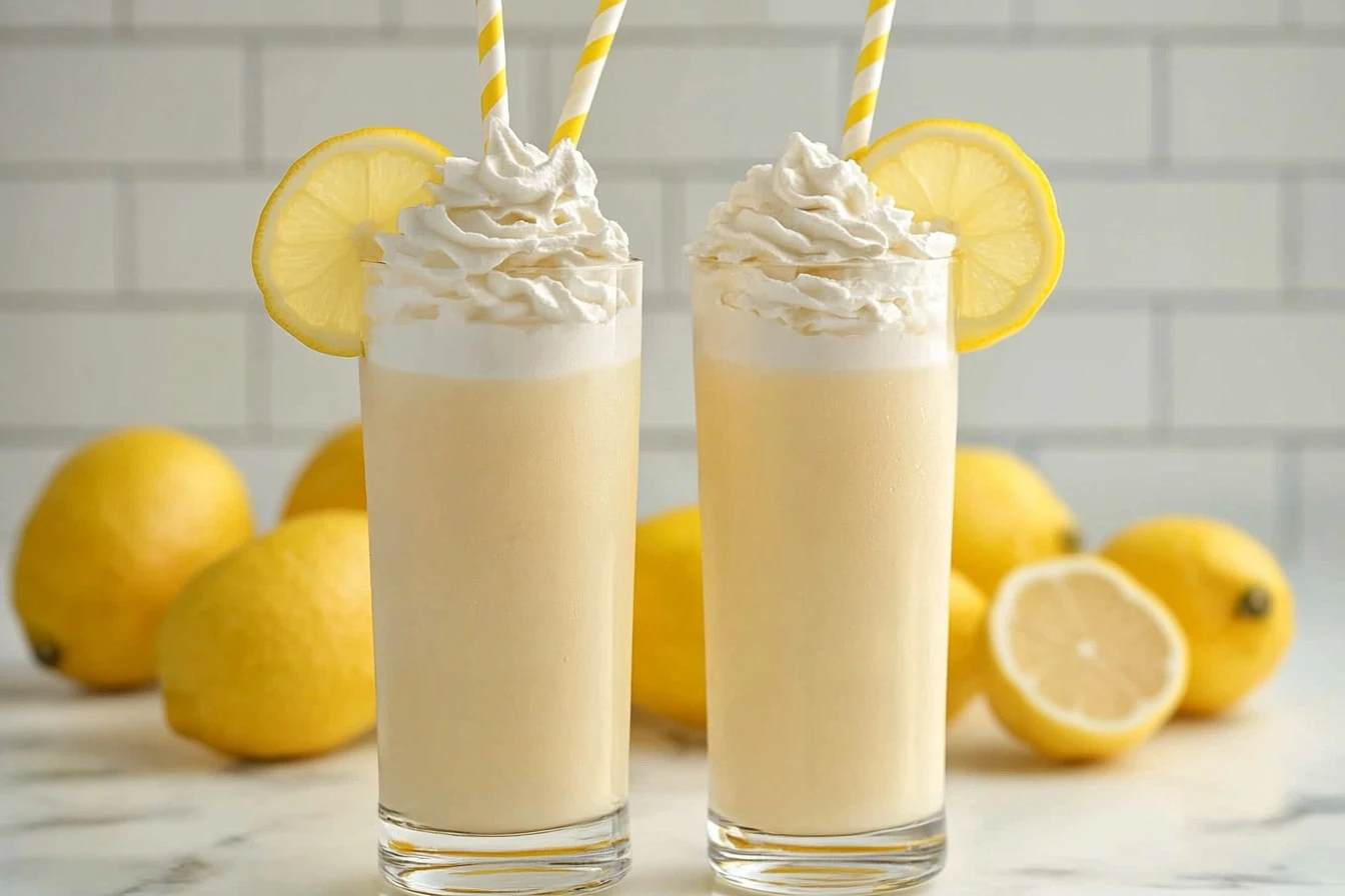 Delicious copycat Chick-fil-A frosted lemonade in a glass with lemon garnish.