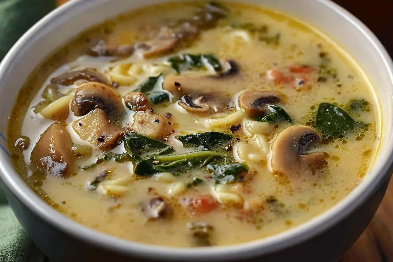 Bowl of creamy Alfredo Lasagna Soup with melted cheese and herbs