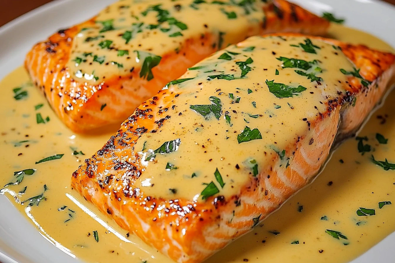 Creamy garlic butter salmon served on a plate with herbs and lemon