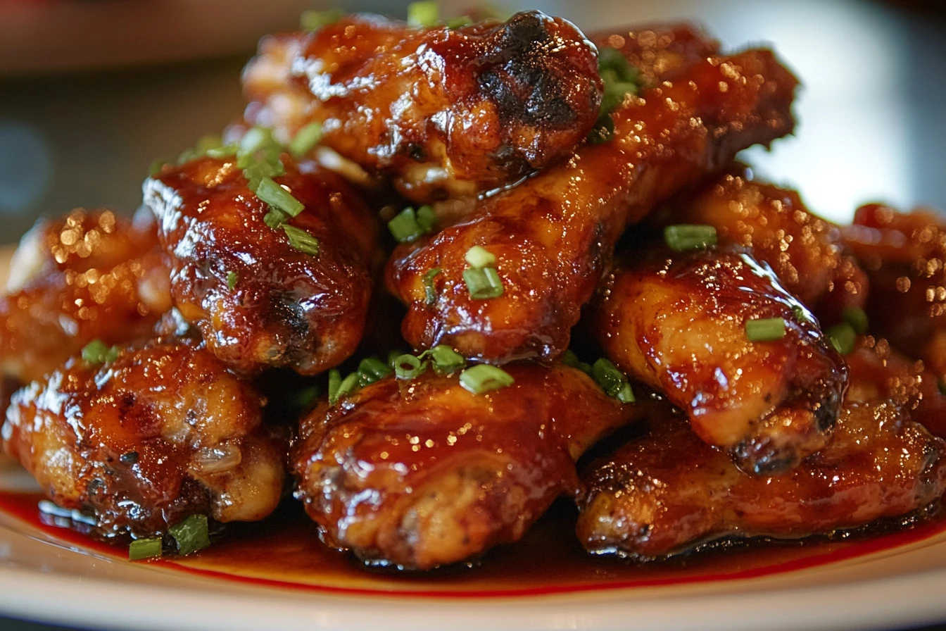 Delicious Crockpot Bourbon Chicken served on a plate with herbs and rice.