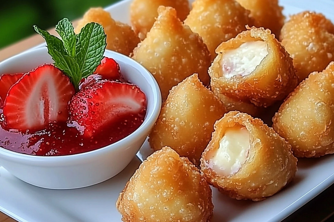 Deep-fried strawberry cheesecake stuffed wonton bites on a plate
