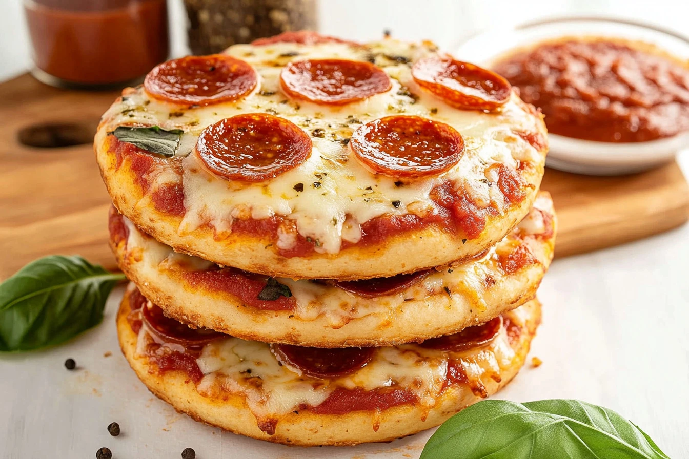 Air fryer pizza bagels topped with cheese and pepperoni