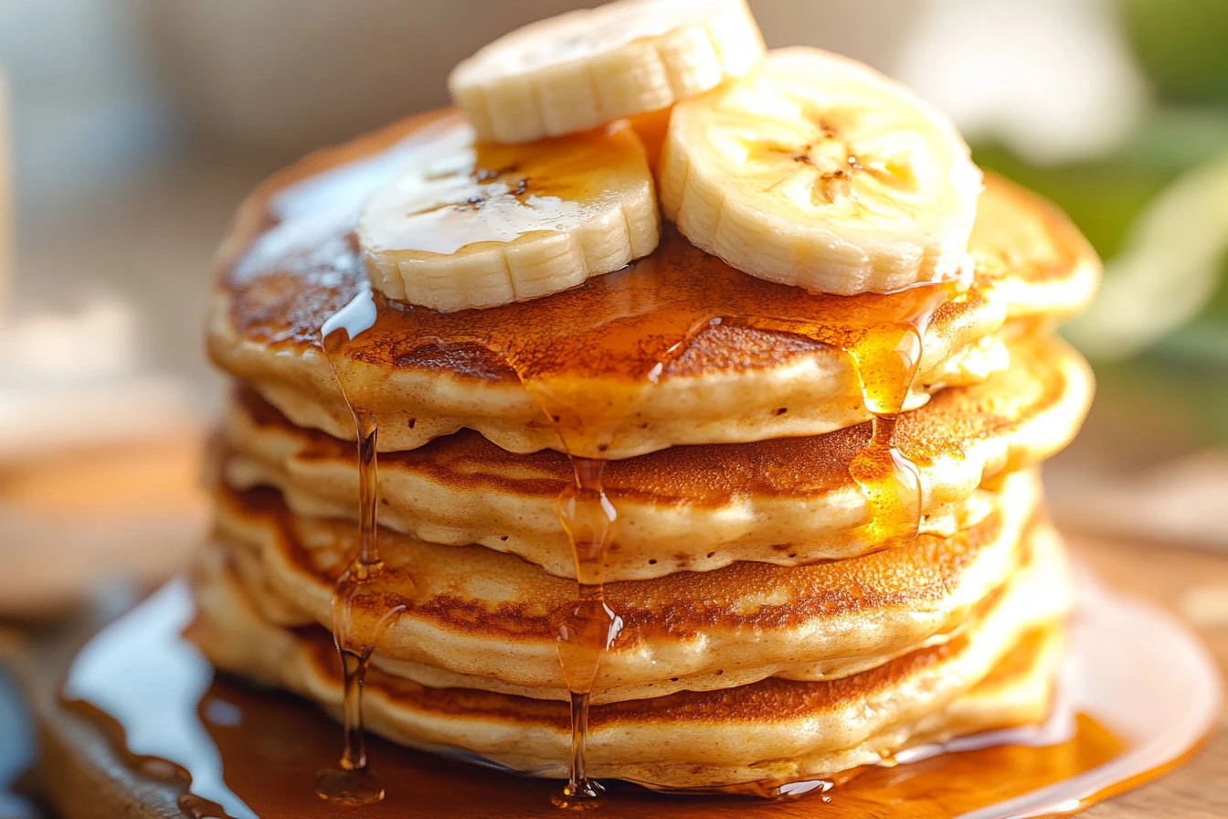 Stack of delicious banana pancakes with syrup and fresh banana slices
