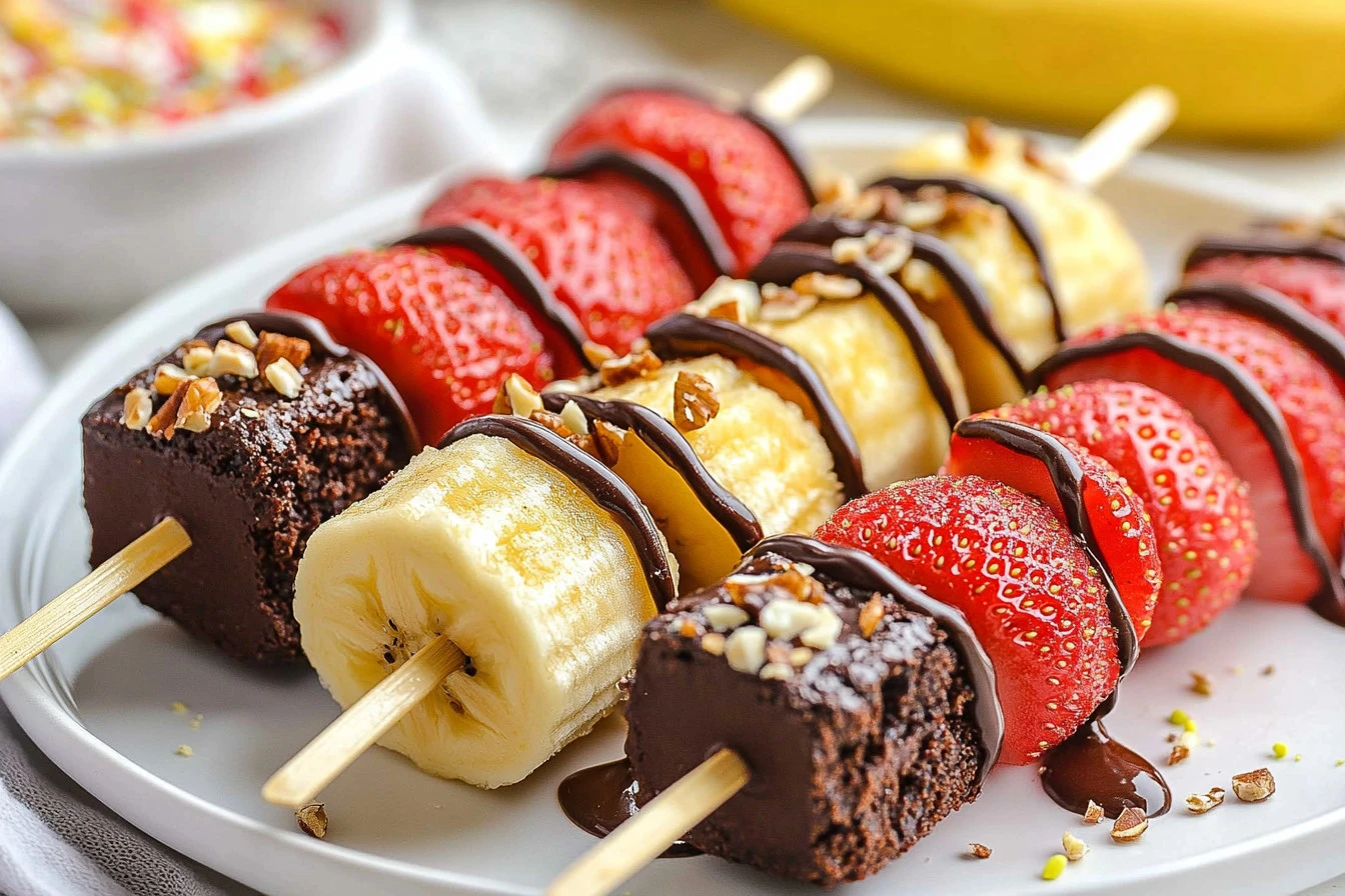 Delicious banana split dessert kabobs with strawberries and chocolate drizzle.