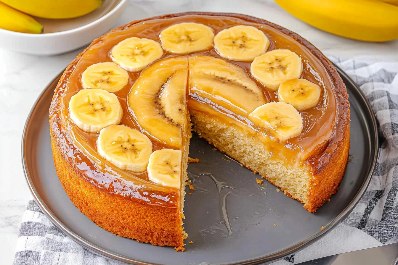 Delicious banana upside down cake with caramelized bananas on top