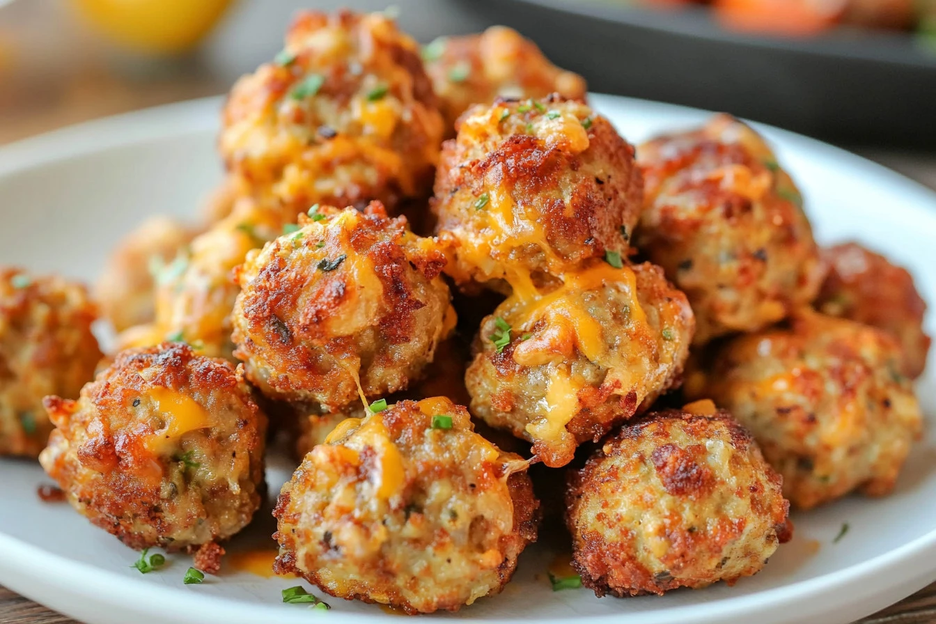 Plate of tasty Bisquick sausage balls fresh from the oven.