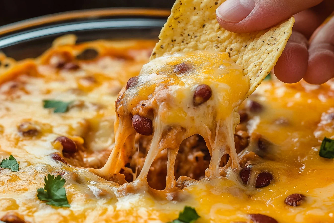Bowl of delicious chili cheese dip with tortilla chips