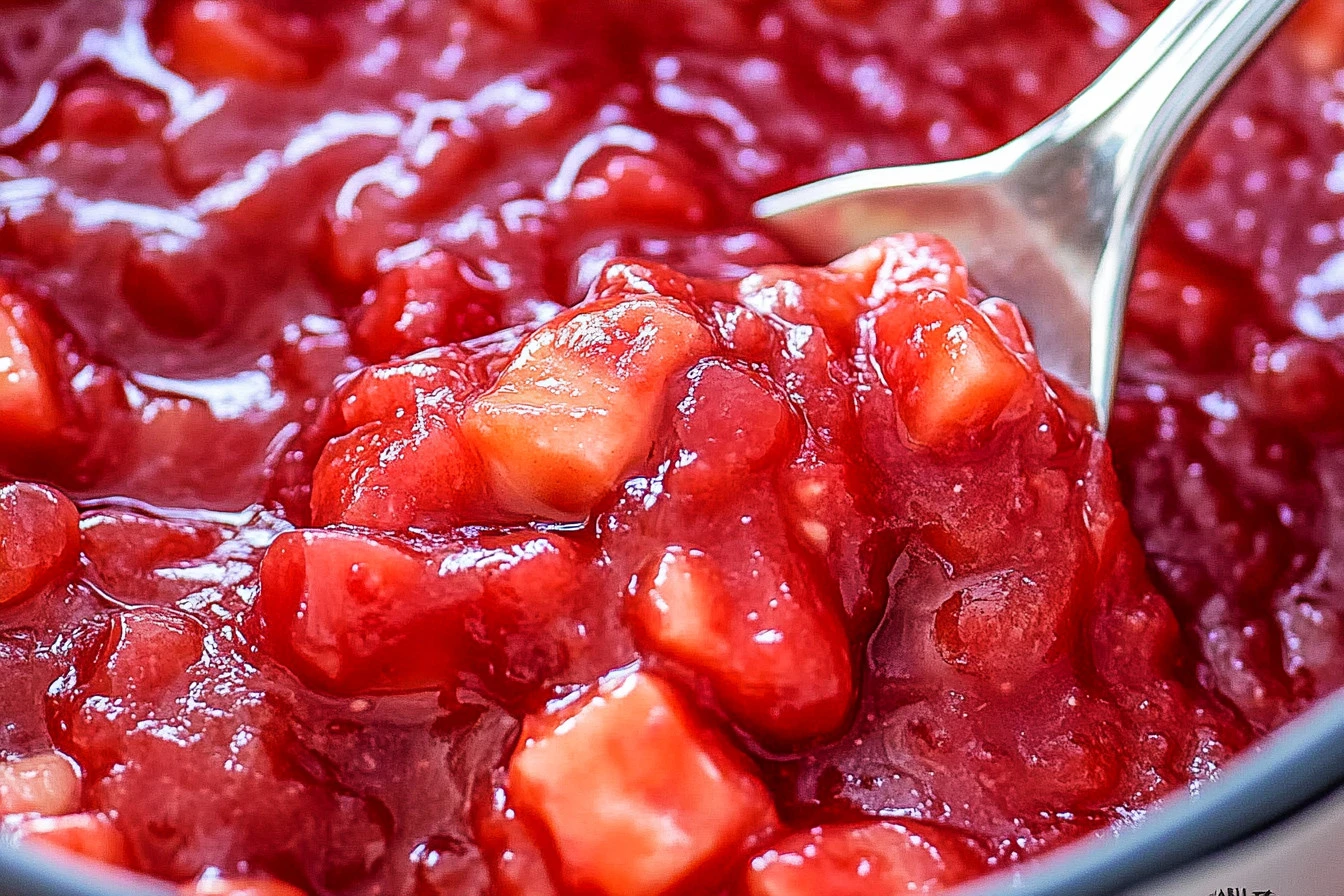 Delicious strawberry rhubarb pie filling in a baked crust