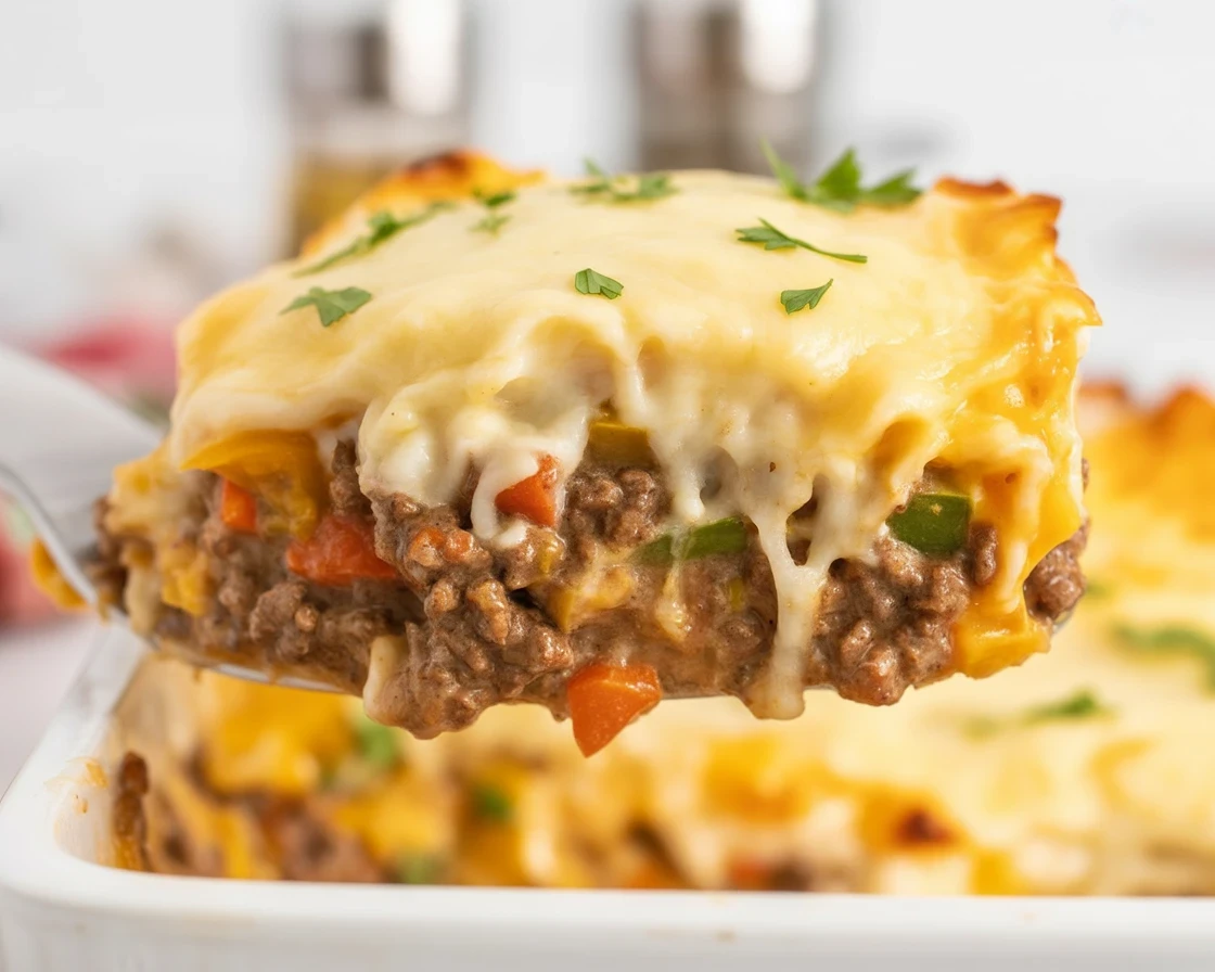 Delicious Keto Shepherd's Pie with cauliflower topping and hearty meat filling.