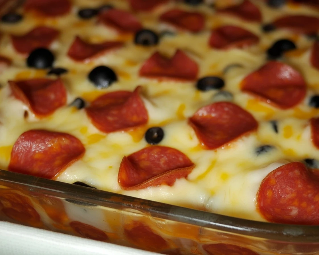 Delicious pepperoni pizza casserole baked with cheese and fresh vegetables.