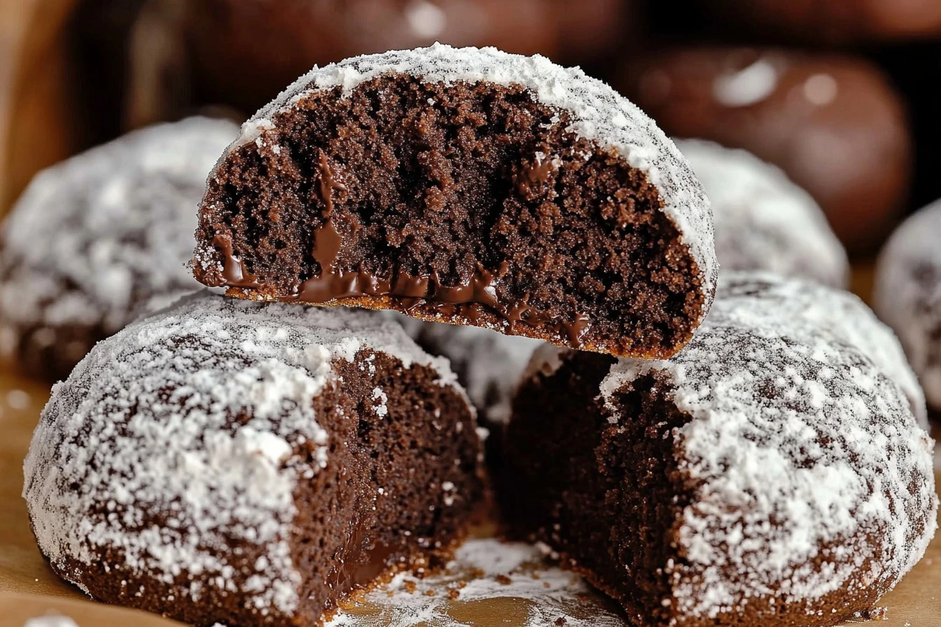 Delicious double chocolate snowball cookies coated in powdered sugar