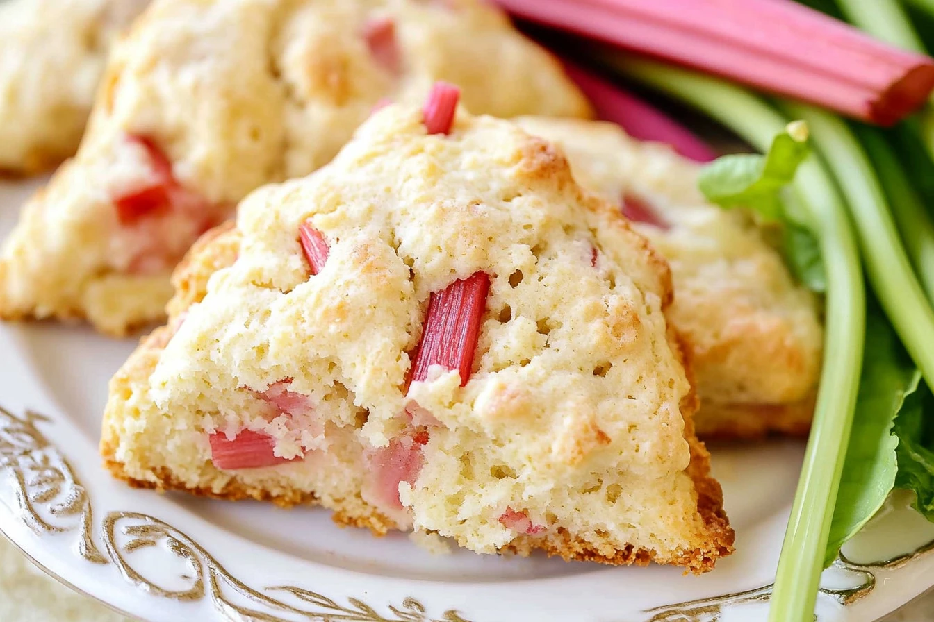 Freshly baked easy rhubarb scones with a golden crust and vibrant pink rhubarb.