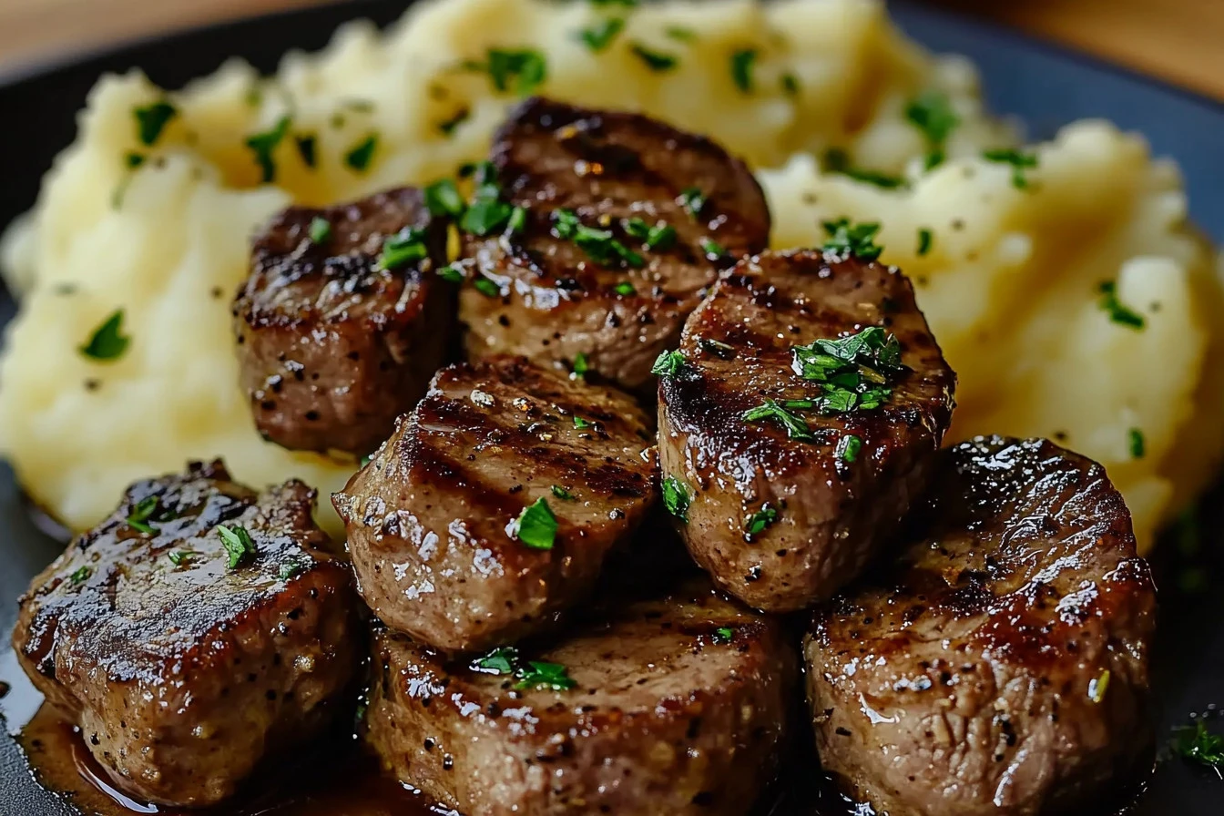 Plate of Garlic Butter Beef Bites served with creamy mashed potatoes