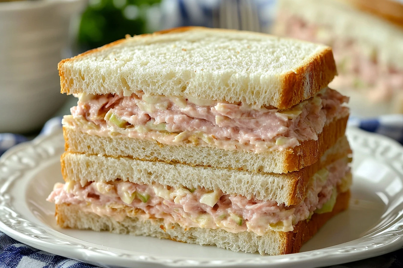 Ham salad with creamy Dijon dressing served in a bowl with fresh greens