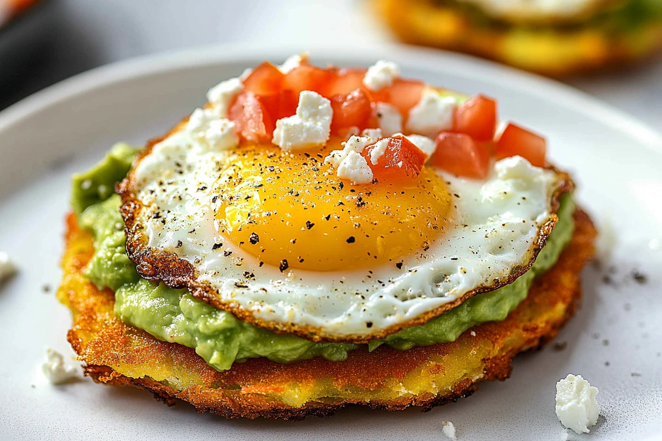 Hash brown avocado toast topped with fresh avocado and herbs on a plate.
