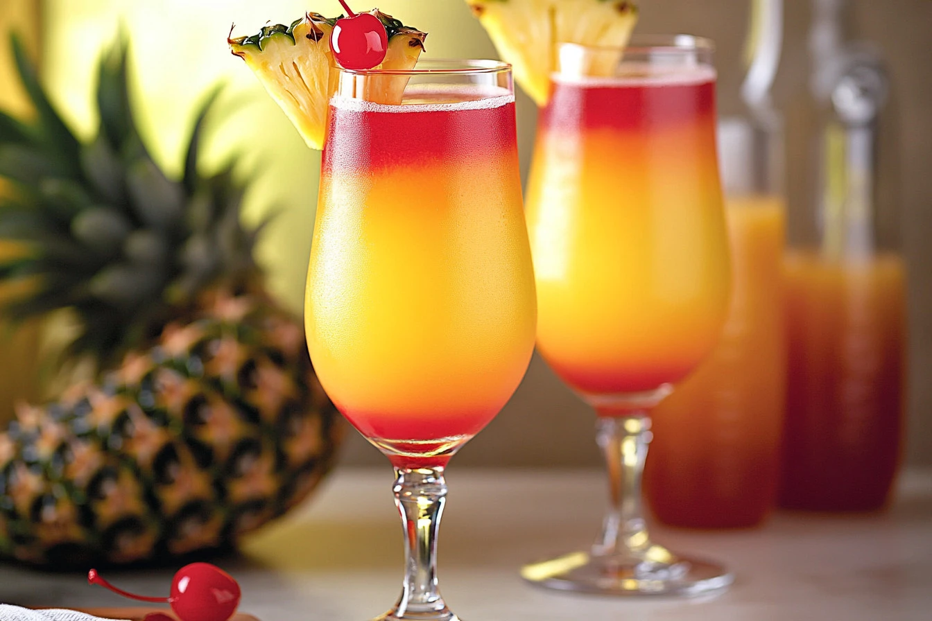 Glass of Hawaiian Mimosa garnished with fruit, showcasing a tropical cocktail.
