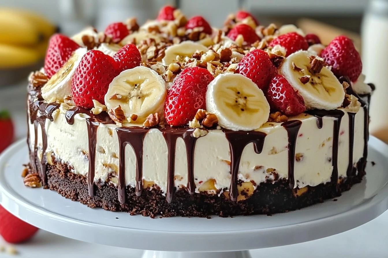 Heavenly No-Bake Banana Split Cheesecake topped with chocolate and bananas