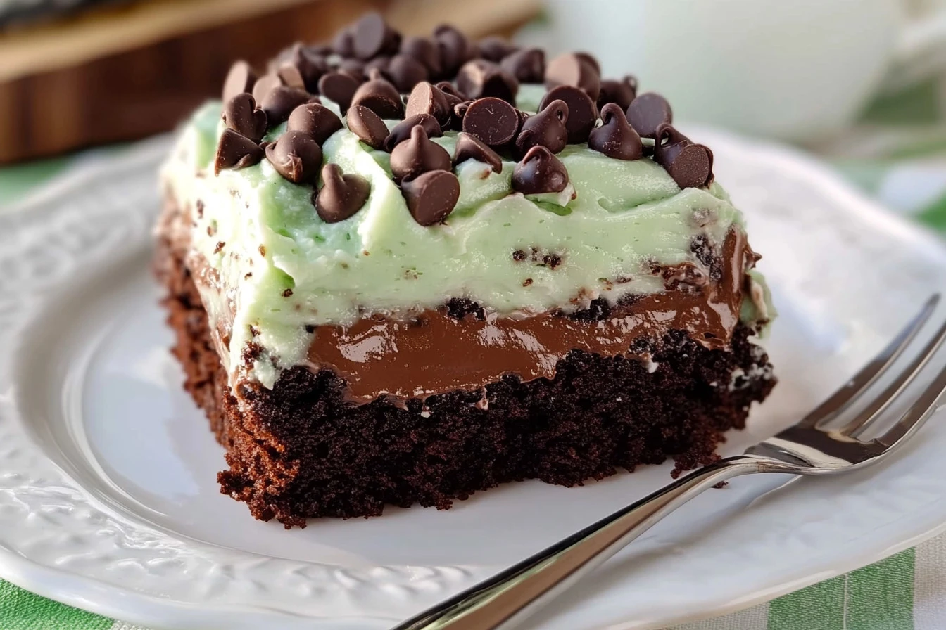 Delicious hot chocolate poke cake topped with whipped cream and chocolate drizzle