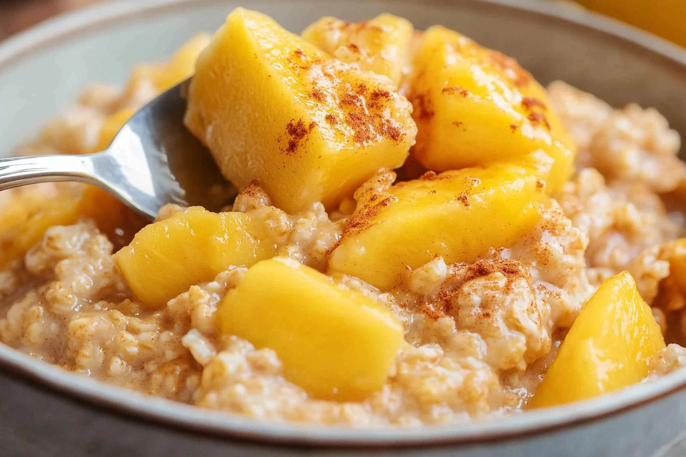 Bowl of instant pot peaches and cream oatmeal topped with fresh peach slices